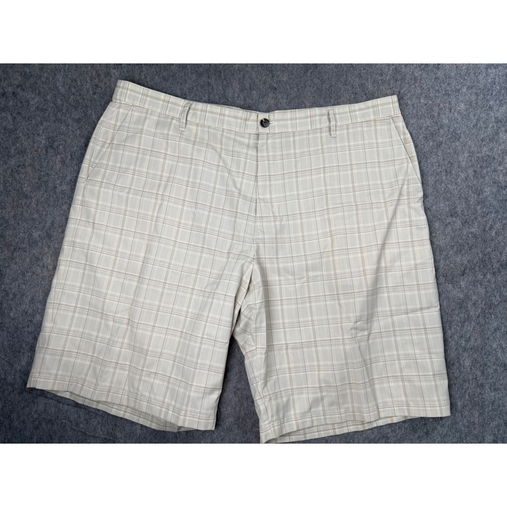 Adidas Golf Shorts Mens 42 Tan‎ White Plaid Flat Front Performance Checkered